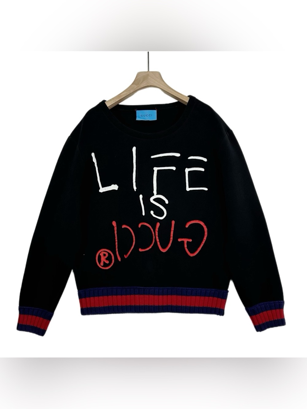 🚩steal Gucci Black Sweatshirt with Light Blue Ribbed Trim
